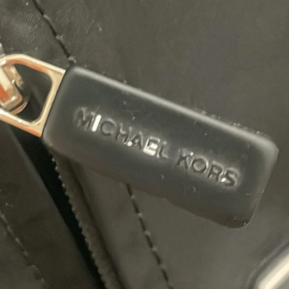 Michael Kors black white nylon camera crossbody bag webbing logo strap